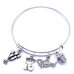 Sweet 16 Birthday Bracelet Silver Tone Bangle Balloon Cupcake Charms